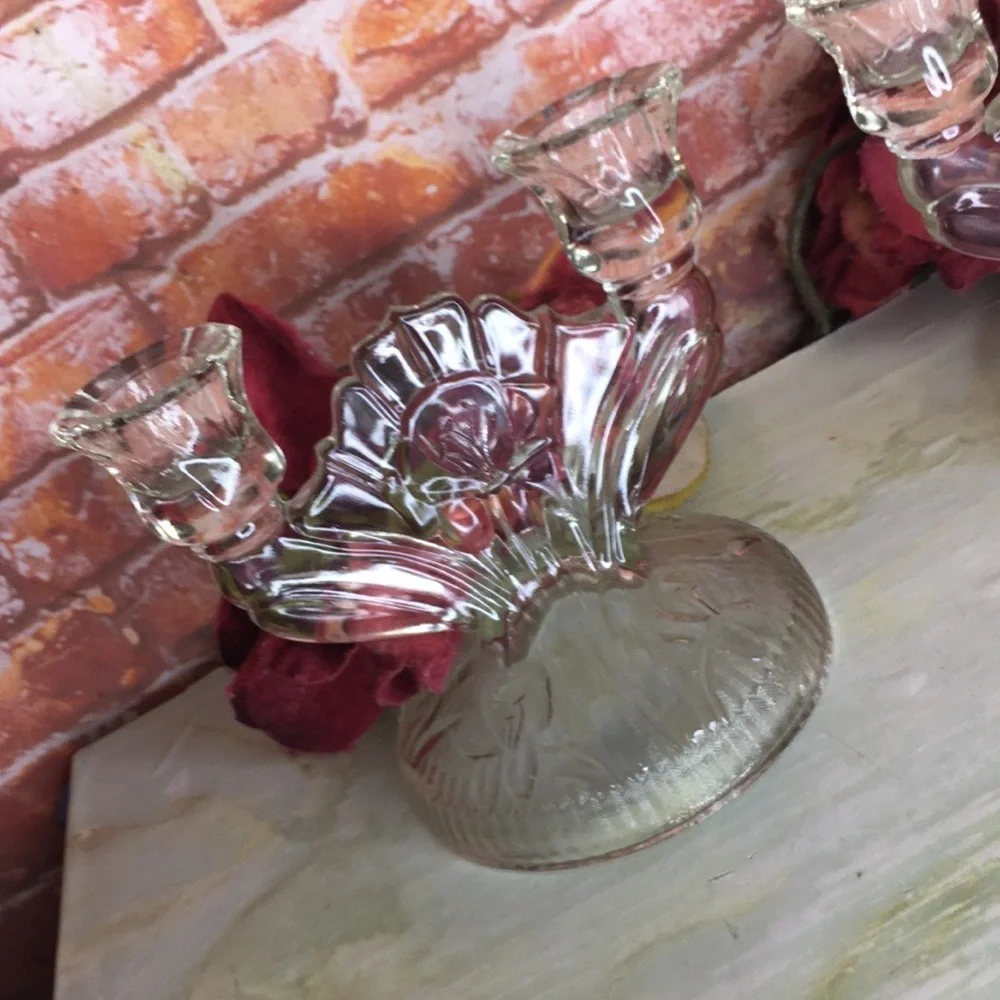 Antique Depression Glass Iris and Herringbone Pattern Double Candle Sticks